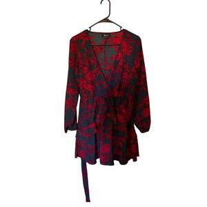 Auguest XL Red Floral Wrap Dress Long Sleeve Ruffle Tiered Tie Waist Mini Boho